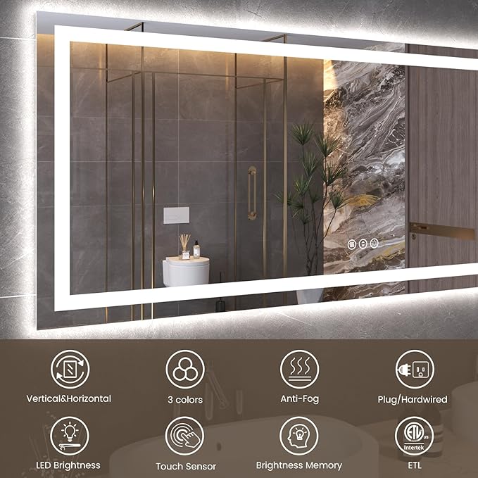 Snowdool 60"X30" LED Bathroom Mirror with Front Lights and Backlit, Anti-Fog, Dimmable, Shatter-Proof Tempered Glass, Lighted Bathroom Vanity Mirror for Wall with 3 Colors, Memory Function