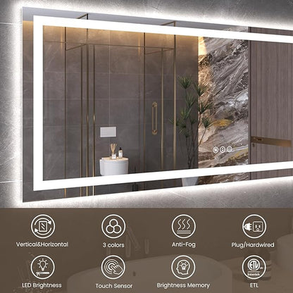 Snowdool 60"X40" LED Bathroom Mirror with Front Lights and Backlit, Anti-Fog, Dimmable, Shatter-Proof Tempered Glass, Lighted Bathroom Vanity Mirror for Wall with 3 Colors, Memory Function