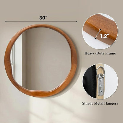 Walnut Round Wall Mirror 30 Inch, Large Solid Wood Framed Mirror with Wavy Inner Edge, Mid-Century Decor for Living Room, Dining Room & Entryway
