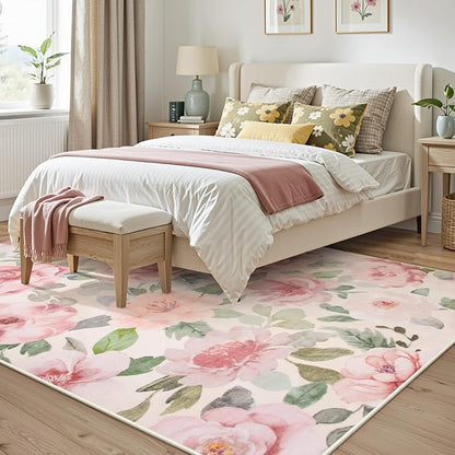 Lahome Floral Nursery Rug 5x7 Area Rugs,Soft Boho Pink Rugs for Bedroom Girls,Low Pile Large Living Room Rug, Home Decor Carpet for Dining Room Kids Playroom Farmhouse, Beige/Multi