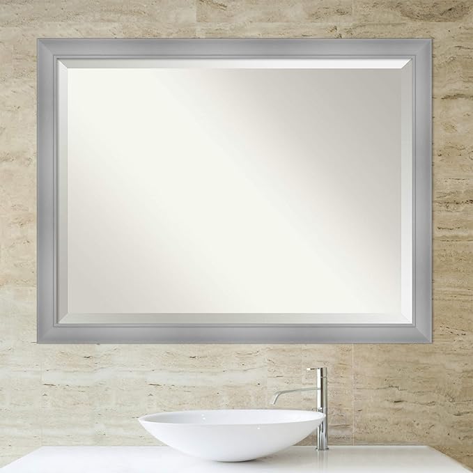 Amanti Art Silver Bathroom Mirror for Over Sink, 34x44 Flair Polished Nickel Rectangle Vanity Mirror, X-Large Casual Frame, Hangs Horizonally and Vertically, Bathroom Wall Decor, Beveled Edge