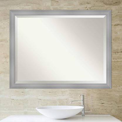 Amanti Art Silver Bathroom Mirror for Over Sink, 34x44 Flair Polished Nickel Rectangle Vanity Mirror, X-Large Casual Frame, Hangs Horizonally and Vertically, Bathroom Wall Decor, Beveled Edge