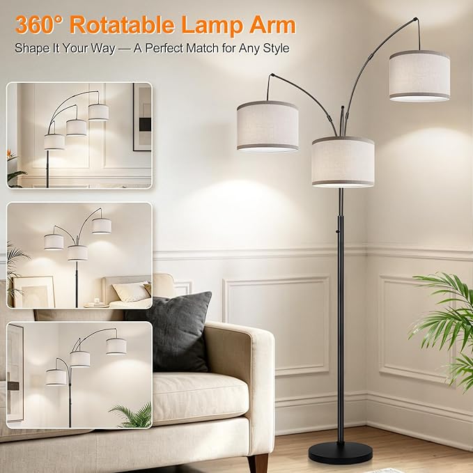 Dimmable Floor Lamp, 3 Lights Black Arc Floor Lamp, Modern Tall Standing Tree Lamp with Grey Linen Shades & Heavy Base, 3000LM LED Bulbs, Bright Lighting for Living Room, Bedroom, Office & Reading