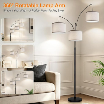 Dimmable Floor Lamp, 3 Lights Black Arc Floor Lamp, Modern Tall Standing Tree Lamp with Grey Linen Shades & Heavy Base, 3000LM LED Bulbs, Bright Lighting for Living Room, Bedroom, Office & Reading