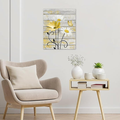 HVEST Farmhouse Yellow Floral Wall Art for Bathroom, Retro Daisy and Butterfly on Rustic Wood Canvas Wall Art Nature Flower Pictures for Living Room Bedroom Apartment Wall Decor,10L X 8W inches