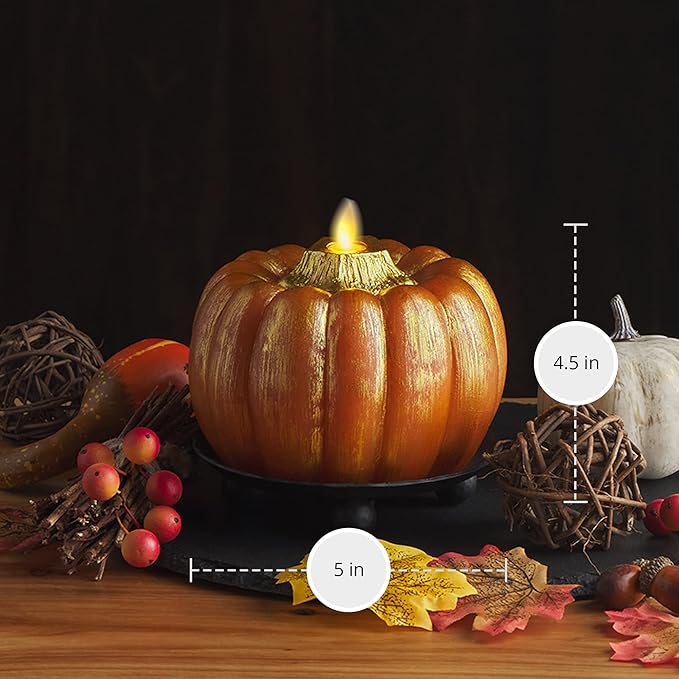 Luminara - Flameless Halloween LED Candle Battery Operated Moving Flame - Metallic Gold Orange Pumpkin - Pack of 1-5x4.5 - Unscented Indoor Use