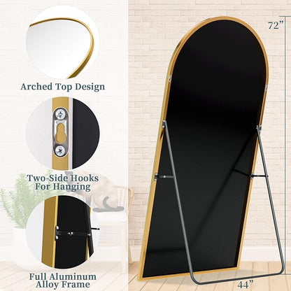 Full Length Mirror with Stand, 72"x44" Arched Full Body Mirror, Large Stand Up Aluminum Frame Floor Freestanding Hanging Leaning Mounted for Bedroom Living Room Entryway Gold