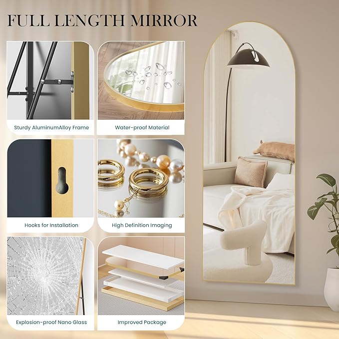 NEWBULIG Arched Mirror Full Length, 64"x21" Body Wall Mirrors with Shatter-Proof Glass, Upgraded Floor Standing Mirror, Hanging or Leaning, with Stand Aluminum Alloy Frame for Home Decor, Gold