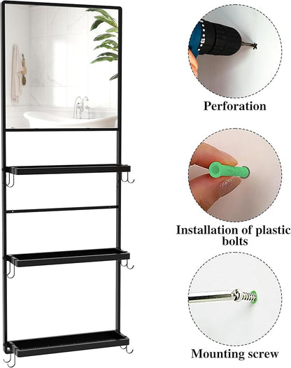 45" X 16" Black Wall Mirror with Shelf and Hooks, Rectangle Mirror for Wall, 3 Trays and 12 Removable Hooks,for Living Room, Hallway, Bedroom (Black-Square)