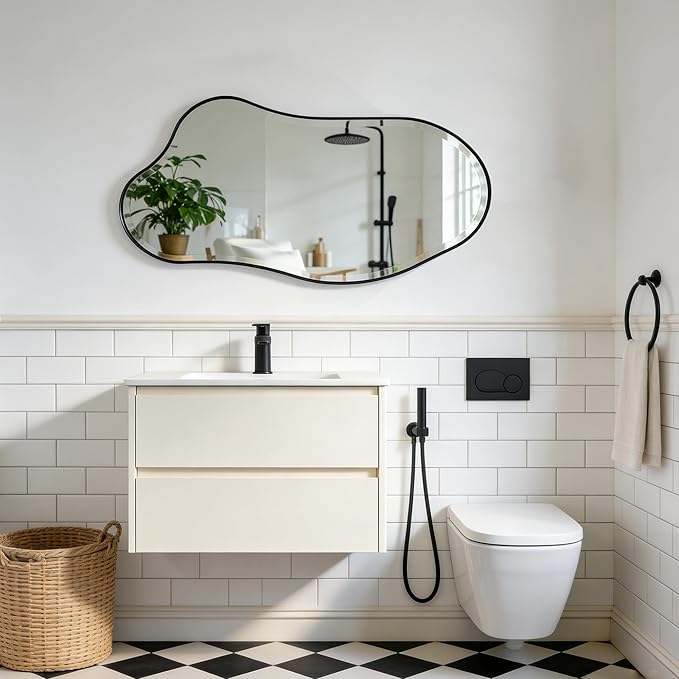 POZINO Irregular Beveled Mirror, 40"x20" Premium Asymmetrical Wall Mirror with Metal Frame, Modern Organic Shaped Mirrors for Living Room Bathroom Bedroom Hallway Entryway, Horizontal/Vertical Hanging