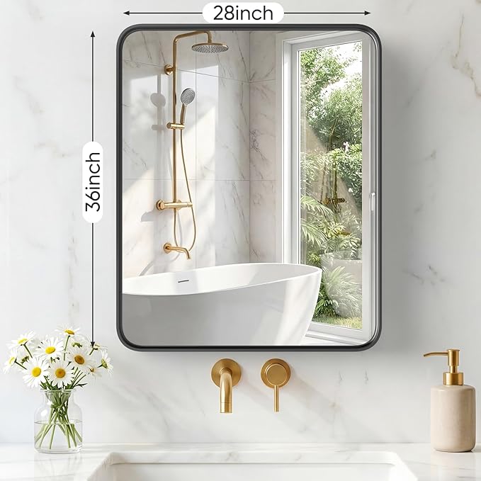 NEWBULIG 28X36 Inch Bathroom Mirror for Over Sink, Wall Vanity Mirrors Tempered Glass, Anti-Rust Metal Framed Rounded Rectangle, Hangs Horizontally or Vertically, Farmhouse Home Decor, Black