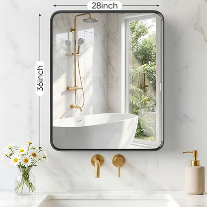 NEWBULIG 28X36 Inch Bathroom Mirror for Over Sink, Wall Vanity Mirrors Tempered Glass, Anti-Rust Metal Framed Rounded Rectangle, Hangs Horizontally or Vertically, Farmhouse Home Decor, Black