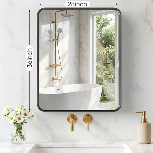 NEWBULIG 28X36 Inch Bathroom Mirror for Over Sink, Wall Vanity Mirrors Tempered Glass, Anti-Rust Metal Framed Rounded Rectangle, Hangs Horizontally or Vertically, Farmhouse Home Decor, Black