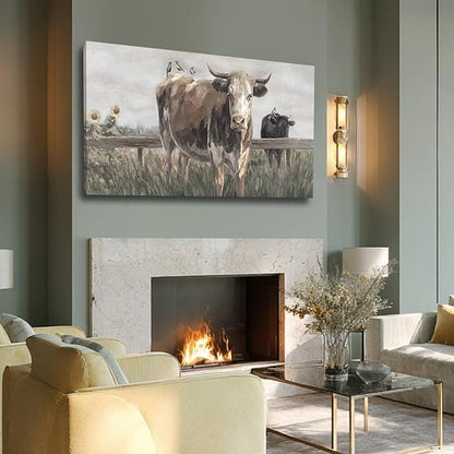 ZENPEE Black and Brown Cow Canvas Wall Art Painting – Rustic Farmhouse Vintage Animal Decor for Living Room & Bedroom, 24 x 48 Inch
