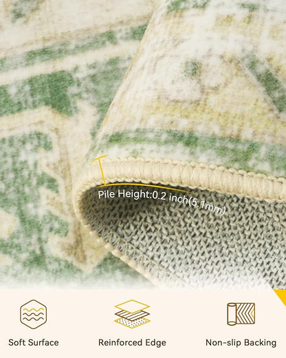 RELEANY Area Rugs 7'x9' Washable Non-Slip, Floral Vintage Distress Print Pattern Medallion Carpet for Living Room Bedroom Dining Room, Sage Green Yellow