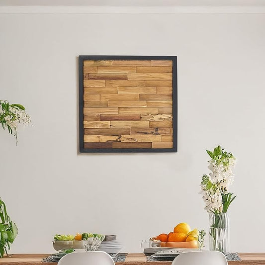 Greenage Teak Wood Wall Decor 16.9"x16.9" Farmhouse Slender Strip Pattern Rustic Natural Wood Wall Art Hanging Decoration Textured Wooden Frame Wall Panel for Home Living Room Bedroom