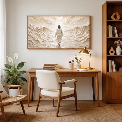 Aurlan Jesus Walking on Water Framed Wall Art(40"x20"), 3D Textured Modern Christian Biblical Faith Divine Light Canvas Artwork, Large Religious Spiritual LDS Baptism Gift Painting Decor for Home Office Living Room Bedroom