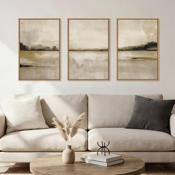 KAIRNE Neutral Abstrcat Landscape Framed Canvas Wall Art Set, Retro Mountain Lake Wall Decor, Vintage Tan Scenery Art Prints, Modern Nature Artwork for Living Room,Bedroom,Farmhouse,Office-24 x36 x3