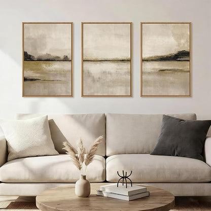 KAIRNE Neutral Abstrcat Landscape Framed Canvas Wall Art Set, Retro Mountain Lake Wall Decor, Vintage Tan Scenery Art Prints, Modern Nature Artwork for Living Room,Bedroom,Farmhouse,Office-24 x36 x3