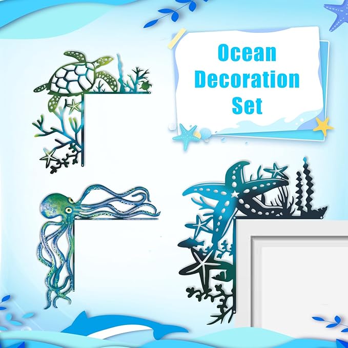 2025 3PCS Ocean Door Frame Decoration Set Metal Turtle Octopus Starfish with Double Sided Silhouette for Window, Door, Shelf, Table, and Corner Sign Home Décor Accent