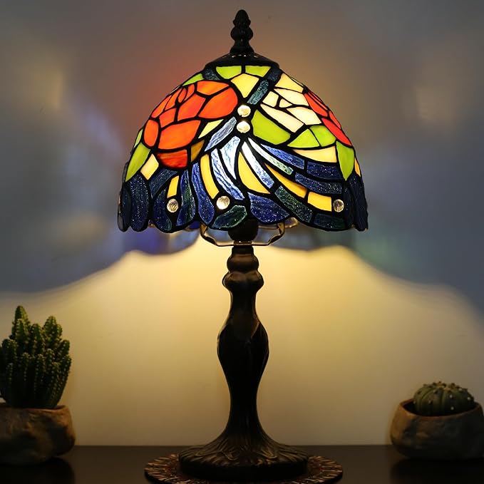 Tiffany Style Lamp Stained Glass Table Lamp 8" x 14.5" Mini Accent Light Pink Red Rose Feather Design Small Decorative Bedside Bedroom Living Room Memory Lamp