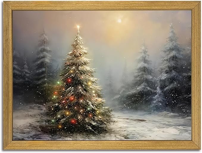 Vintage Christmas Wall Art, Vintage Pine Tree Canvas Wall Decor Painting, Rustic Winter Tree Print, Botanical Winter Art, for Table Farmhouse Mantel Home Office 8x10 Inch Wood Framed