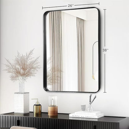 Black Mirror for Bathroom Wall - 26x38 Inch Bathroom Mirrors Over Sink with Rectangular Metal Frame, Black Vanity Rectangle Mirror for Restroom, Hallway, Home Office