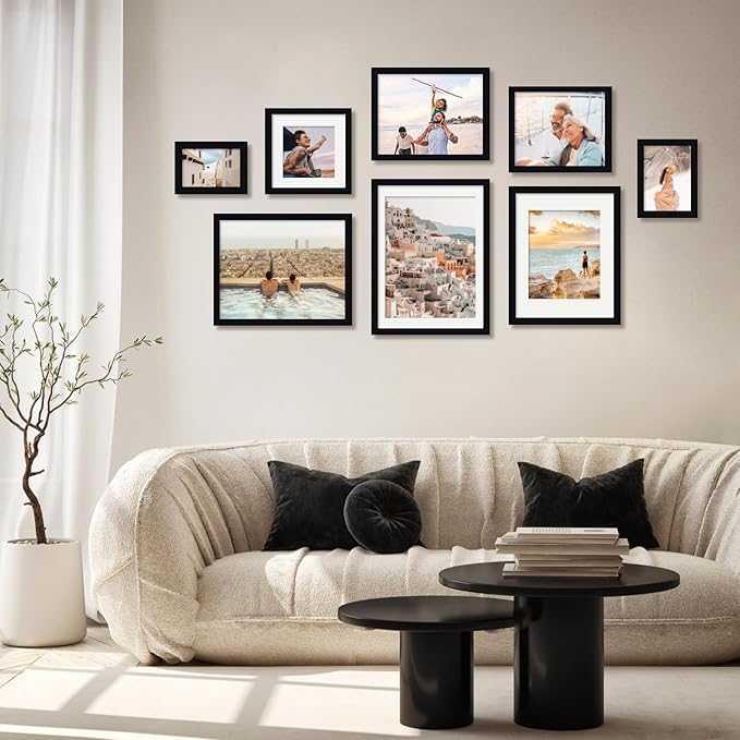 Egofine 8x8 Picture Frame 4PCS, Made of Solid Wood Covered by Plexiglass Display 4x4/6x6 with Mat or 8x8 without Mat, for Table Top Display and Wall Mounting Photo Frame, Black with Texture