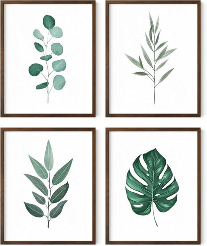 HAUS AND HUES Plant Wall Art - Botanical Prints, Green Wall Art Set, Plant Pictures, Leaves Paintings, Minimalist Sage Green Decor (8x10, Walnut Frame)