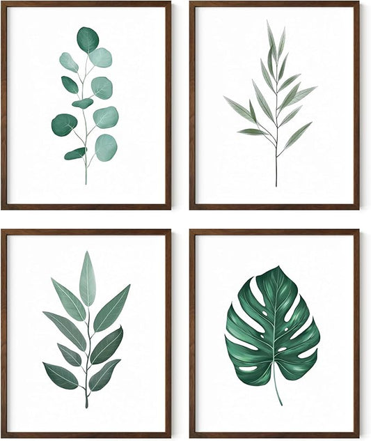 HAUS AND HUES Plant Wall Art - Botanical Prints, Green Wall Art Set, Plant Pictures, Leaves Paintings, Minimalist Sage Green Decor (8x10, Walnut Frame)