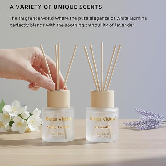 Reed Diffuser Set, Binca Vidou Lavender & White Jasmine Natural Scent Oil Diffusers with Sticks for Home Office Bathroom Aromatherapy Decor 1.69oz x 2