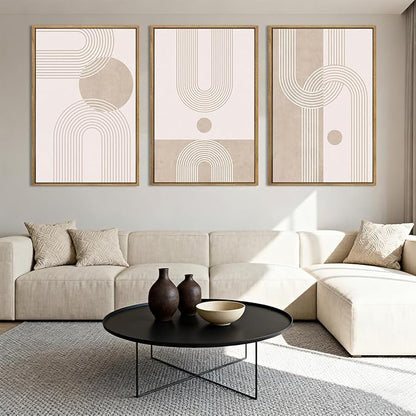 ANHUIB Neutral Boho Abstract Canvas Wall Art Set of 3 Framed Mid Century Modern Wall Decor Beige Geometric Line Artwork Minimalist Prints 16x24 Inch Painting for Living Room Bedroom Dining Room Office