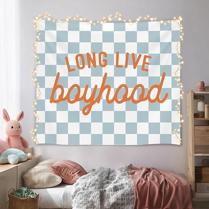 Vintage Blue Checkerboard Wall Tapestry – Long Live Boyhood Soft Flannel Tapestry ，Preppy Boys Bedroom Dorm Room Decor for Boy Bedroom Living Room,Birthday Party Wall Art Decoration 59x51 inch (Blue-Boyhood)