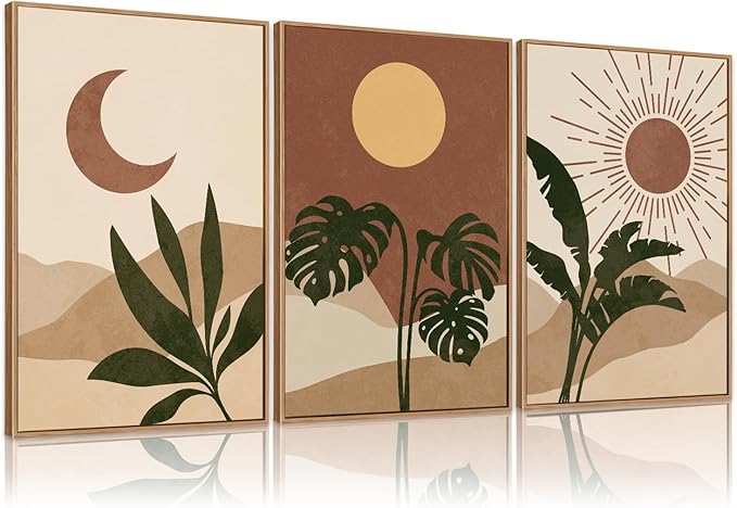 KAIRNE Vintage Sun and Moon Framed Canvas Wall Art Set,Boho Desert Botanical Wall Decor,Abstract Green Terracotta Art Prints,Retro Minimalist Artwork for Living Room,Bedroom,Farmhouse,Office-24"x36"x3