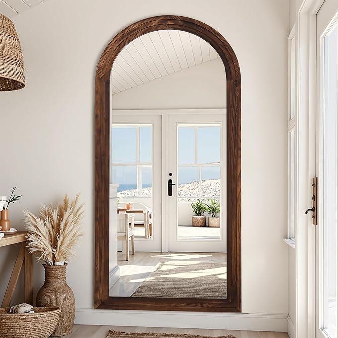 Antok Full Length Mirror with Solid Wood Frame, 71"×32" Wall Mounted Oversized Floor Mirror with Stand, Leaning Standing Hanging for Bedroom Living Room Entryway, Walnut, Arched Syle