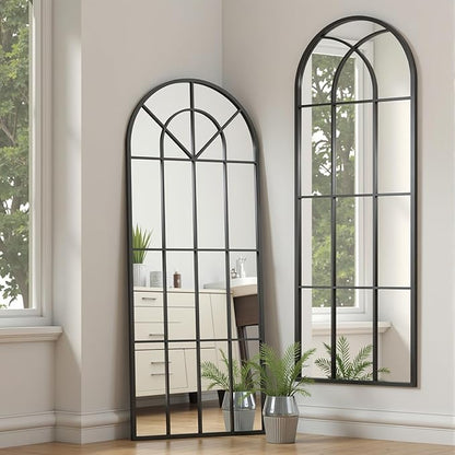Prywot Full Length Mirror, 56"x22" Arched Window Pane Mirrors for Wall Decor, Black Full Body or Wall Mounted Mirrors, Farmhouse Standing Mirror Hanging or Leaning for Living Room, Entryway, No Stand