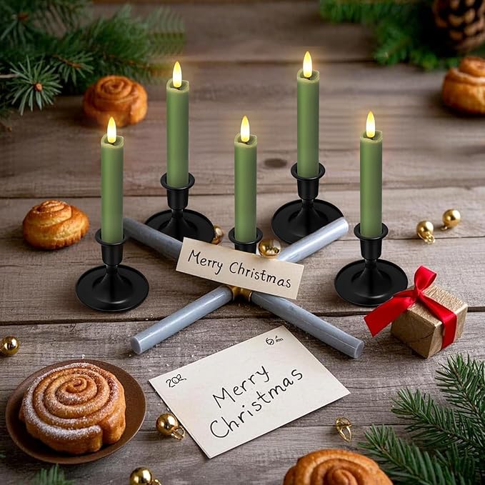 KSWING Upgraded Real Wax Short LED Flameless Green Taper Candles with Remote, 6 PCS Candlesticks Battery Operated - 6" Realistic Fake Candle Sticks for Home/Wedding/Fireplace Xmas Decor