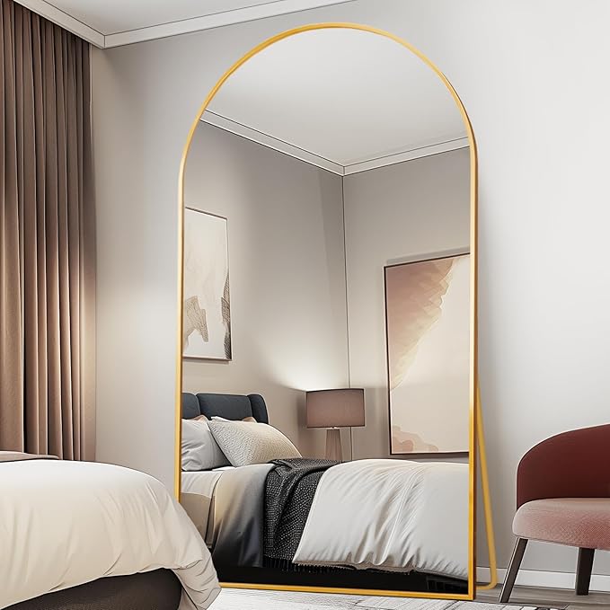 Beauty4U 76" x 37" Arched Full Length Mirror with Stand, Large Floor Mirror for Bedroom & Living Room, HD Tempered Glass Wall Mounted or Leaning Dressing Mirror, Gold Metal Frame