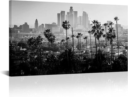 FuShvre City Canvas Wall Art Los Angeles Downtown Picture Print Black and White LA Cityscape Painting for Wall Decor Framed 20"x 36"