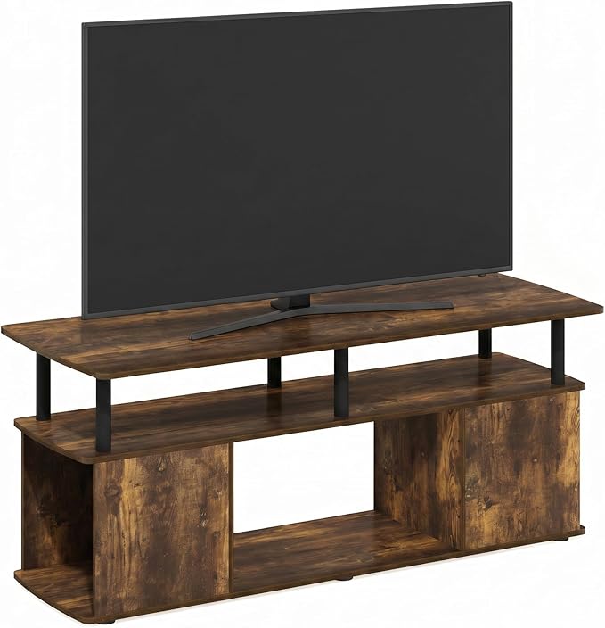 Furinno Jaya TV Stand, 3-Tier Entertainment Center with Open Shelf, TV Console for TV up to 50 Inch with Side Storage Compartments, for Living Room, Bedroom, Amber Oak