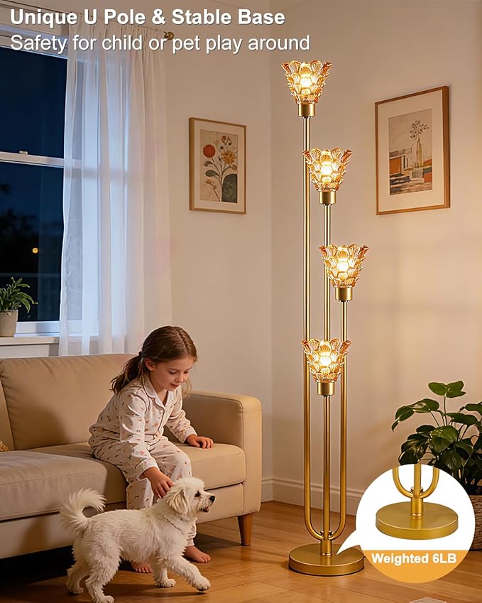 63IN 4-Lights Glass Floor Lamp Modern Dimmable Floor Lamps with Amber Glass Shade& Warm White Bulbs for Wedding/Party, Gold Tall Standing Lamp with 5Lbs Heavy Base for Living Room/Bedroom