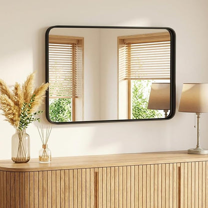 OLIXIS Bathroom Mirror for Over Sink, 30x40 Inch Wall Rounded Rectangle Mirror with Matte Metal Framed, Modern Wall Mount Vanity Mirror for Home Decor, Living Room, Bedroom, Black