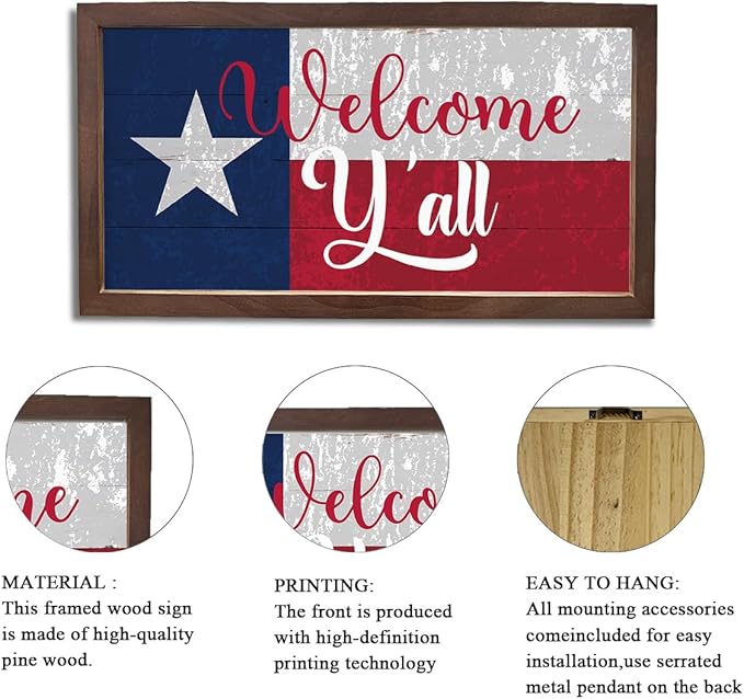 Welcome Y'all Sign for Front Door Decor, Texas Flag Wall Art, Welcome Decoration for Home, Rustic Wall Decoration, Wooden Framed Hanging Sign, 15×7.5×0.3 inches