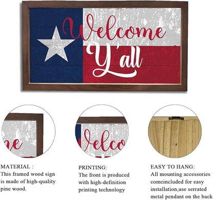 Welcome Y'all Sign for Front Door Decor, Texas Flag Wall Art, Welcome Decoration for Home, Rustic Wall Decoration, Wooden Framed Hanging Sign, 15×7.5×0.3 inches