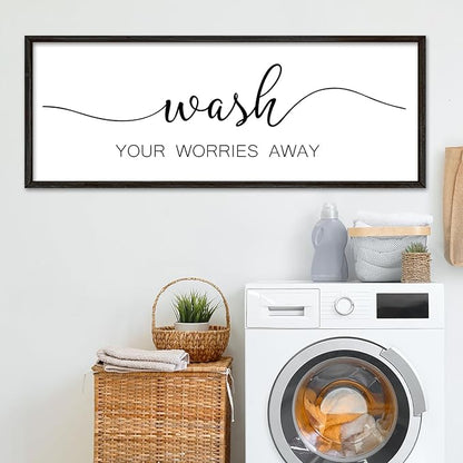 Wash Your Worries Away Sign Funny Laundry Room Wall Decor 32"×12" Rustic Bathroom Large Wooden Framed Wall Hanging Art (Black)