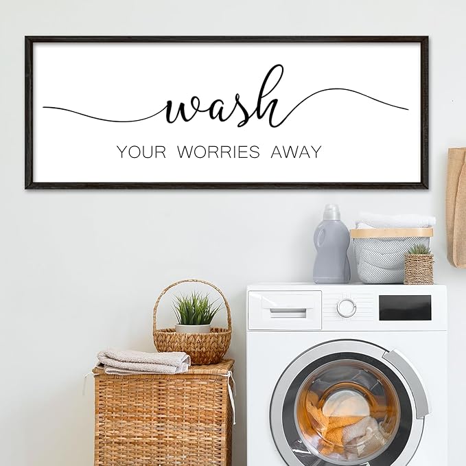 Wash Your Worries Away Sign Funny Laundry Room Wall Decor 40"×15" Rustic Bathroom Large Wooden Framed Wall Hanging Art (Black)