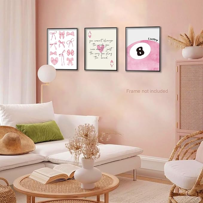 Trendy Pink Bows Posters Wall Art Set of 3, Vintage Preppy Lucky 8 Ball Canvas Wall Decor, Pink Girly Room Aesthetic Picture Prints Painting for College Apartment Living Room Bedroom 12x16 In Unframed