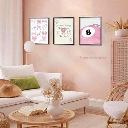 Trendy Pink Bows Posters Wall Art Set of 3, Vintage Preppy Lucky 8 Ball Canvas Wall Decor, Pink Girly Room Aesthetic Picture Prints Painting for College Apartment Living Room Bedroom 12x16 In Unframed