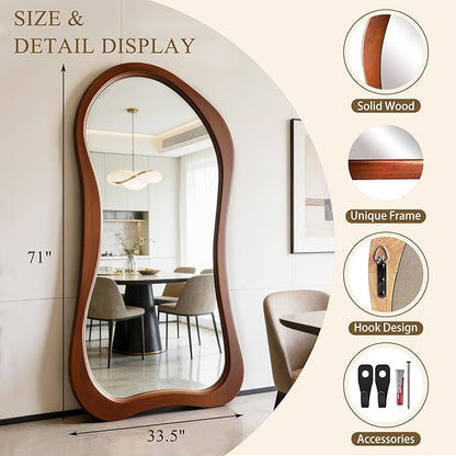 Irregular Full Length Mirror, 71"x33.5" Premium Oversized Organic Floor Mirror with Solid Wood Frame, Asymmetrical Full Body Mirrors for Living Room Entryway Cloakroom, Leaning/Hanging
