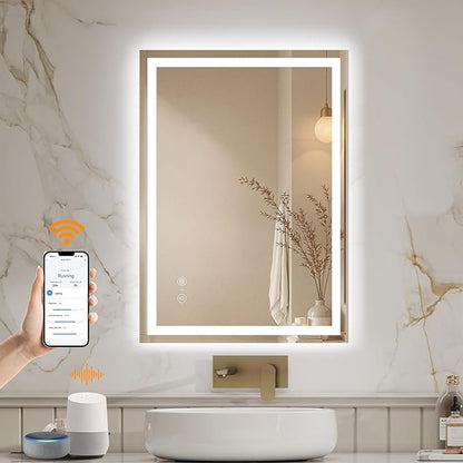 ENZE 20" x 28" Smart LED Bathroom Mirror with Lights, WiFi & Alexa Voice Control, Anti-Fog Wall-Mounted Vanity Mirror, Dimmable 3-Color, Plug-in/Hardwired, Horizontal/Vertical